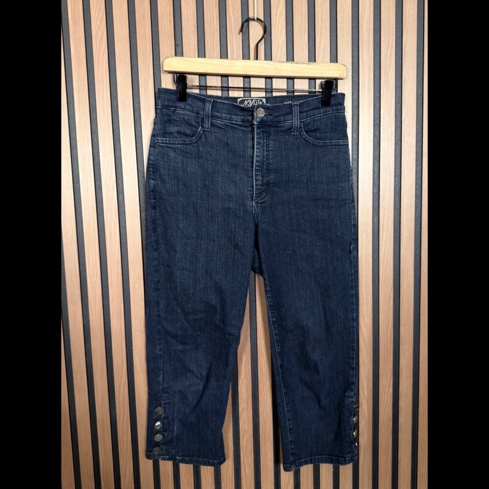 Not Your Daughters Jeans 6 Womens Blue Navy Capri Exposed Ankle Button
